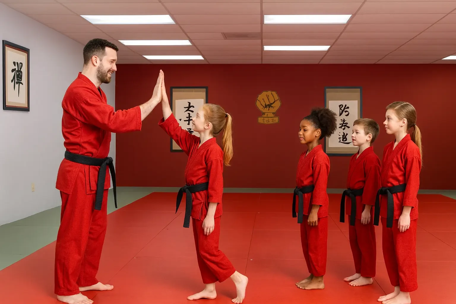 Students of all ages lined up together after class at Samurai Karate Dojo in Houston