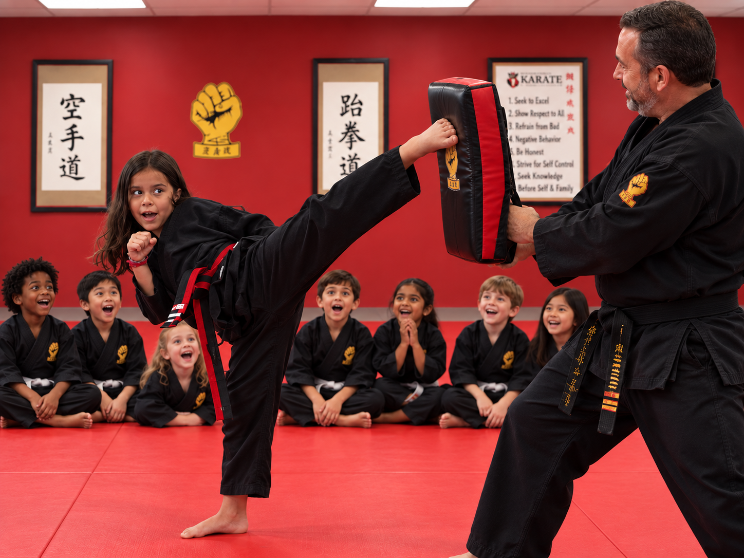 Student kicking a pad held by an instructor