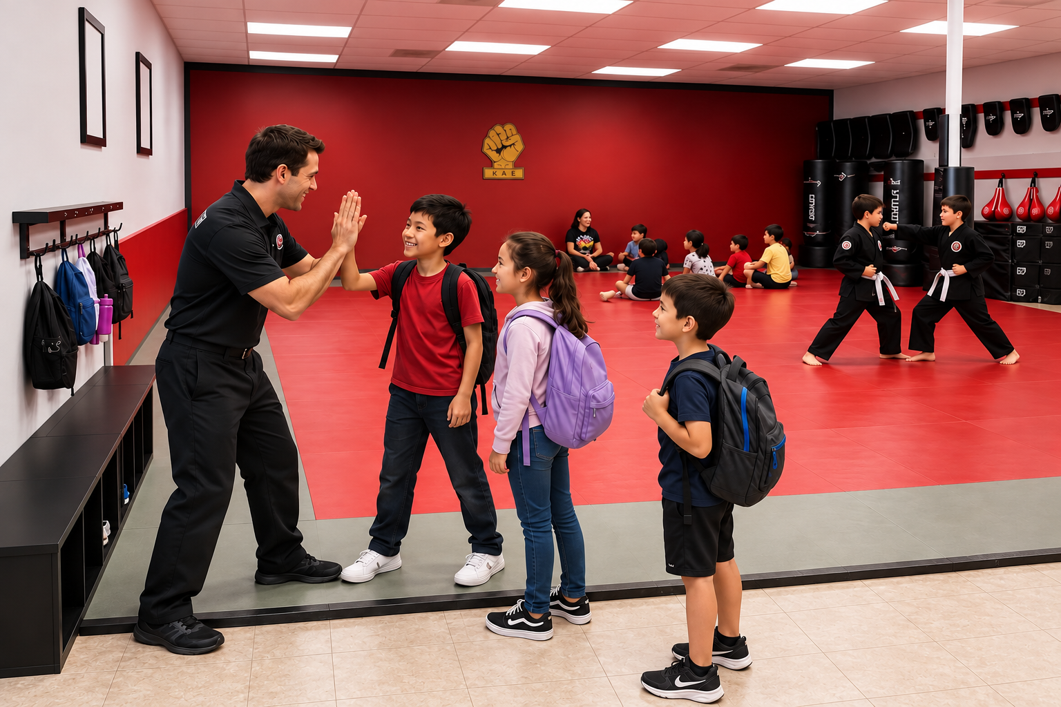 Instructor high-fiving students arriving for daily karate training at Samurai Karate Dojo