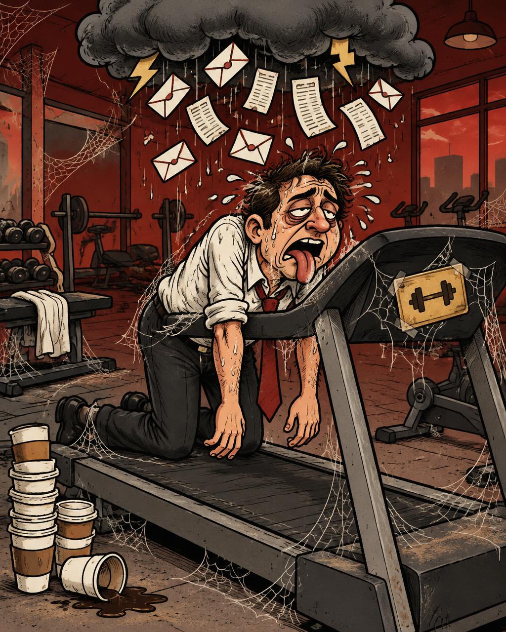 Cartoon of a stressed office worker collapsing on a dusty treadmill under a storm of emails