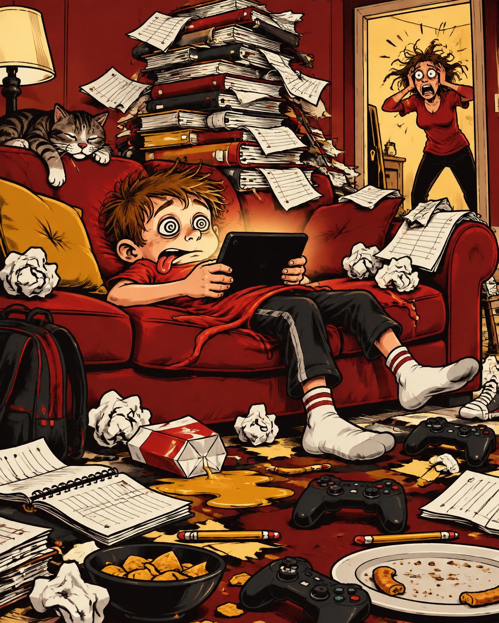 Cartoon of a kid melted into the couch with a tablet while homework piles up and a parent panics